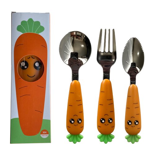 Baby Spoons with Fork | 3 Pcs Easy Grip Baby Cutlery Set with Case | Stainless Steel Toddler Utensils | Carrot Shaped Kids Silverware | Children's Safe Food Grade Material | Dishwasher Safe