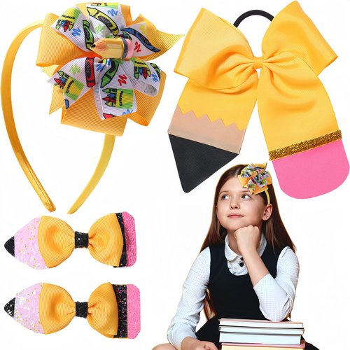 FULANSI Back to School Bow Hair Clips Yellow Pencil Headband Cute Bows Hair Accessories Big Bow Hair Scrunchies Cheer Hair Barrettes for First Day of School Girl Students Teachers Outfits Decor 4PCS