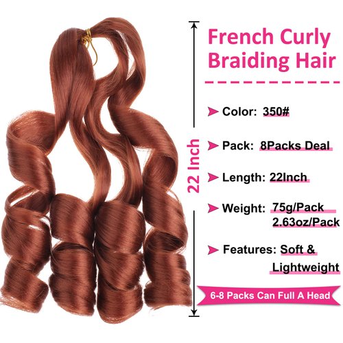 Unionbeauty 8 Packs French Curly Braiding Hair Ginger 22 Inch Pre Stretched Bouncy Braiding Hair Loose Wavy Crochet Braids Hair Copper French Curl Braids Synthetic Hair Extensions for Black Women 350#