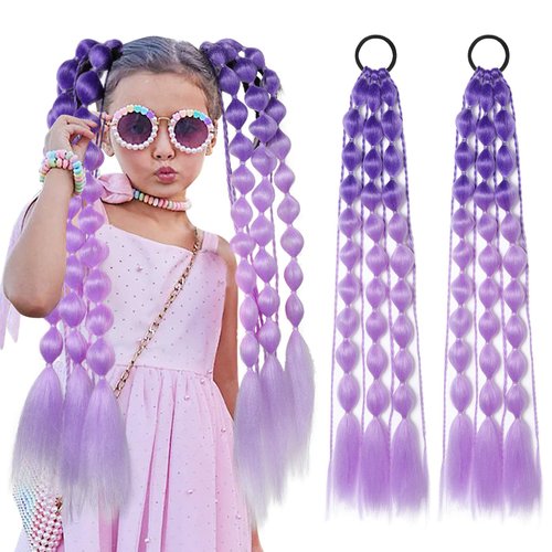 Colored Hair Extensions, Behufun 2Pcs 20" Lightweight Colored Hair Extensions for Kids Bubble Ponytail Extension with Hair Tie, Ombre Crazy Hair Day Accessories for Girls Festival Rave B47