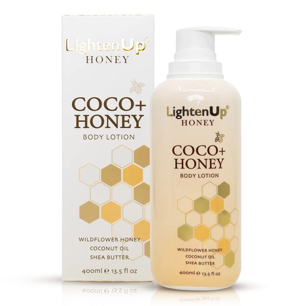 LightenUp Honey, Skin Brightening Body Lotion - 13.5 fl oz / 400 ml - Moisturizing Body Cream on Face, Knees, Elbows, with Shea Butter & Premium Honey