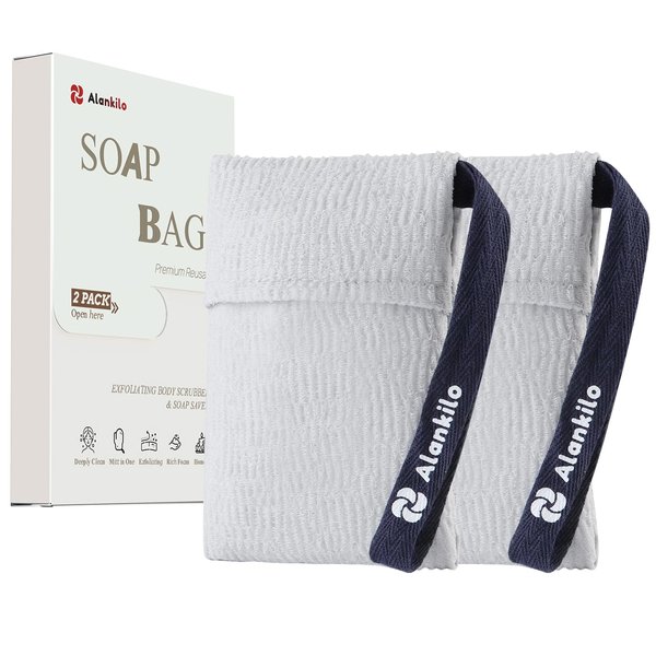Alankilo 2 Pieces Soap Bags for Soap Bars, Exfoliating Soap Saver Bags, Foaming Bar Soap Pouches for Use in Baths or Showers(Light Grey)