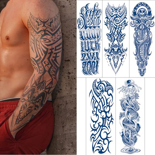 Aresvns Semi Permanent Sleeve tattoos for Men and women, Realistic Fake Tattoos Full Arm Waterproof & Long-Lasting 2-3 Weeks Christmas Gift Dark blue