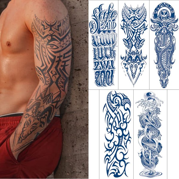 Aresvns Semi Permanent Sleeve tattoos for Men and women, Realistic Fake Tattoos Full Arm Waterproof & Long-Lasting 2-3 Weeks Christmas Gift Dark blue