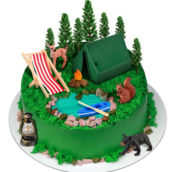 Yinder 16 Pcs Camping Cake Toppers Camping Cake Decorations Set Camping Party Decorations Camping Birthday Party Supplies Fireside Camp Decor Include Tent Campfire for Camper Forest Theme Party