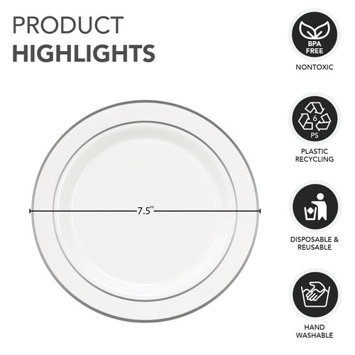 Party Essentials 12-Count Hard Plastic 7.5" Divine Dinnerware Disposable China Salad/Dessert Plates, White with Silver Band