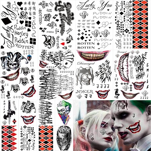 16 Sheets Joker Tattoos, Harley Quinn Tattoos, Tattoos for Suicide Squad Perfect for Halloween, Costumes, Harley Quinn Accessories Party and Cosplay
