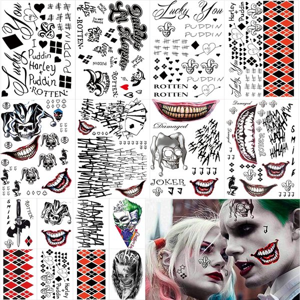 16 Sheets Joker Tattoos, Harley Quinn Tattoos, Tattoos for Suicide Squad Perfect for Halloween, Costumes, Harley Quinn Accessories Party and Cosplay