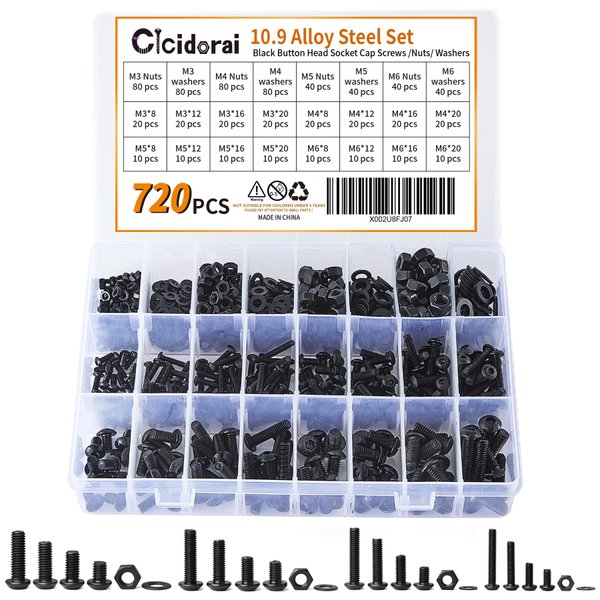 Cicidorai 720Pcs M3 M4 M5 M6 10.9 Grade Alloy Steel,Button Head Hex Socket Cap Screws Bolts,Flat Washers & Nuts Assortment Kit