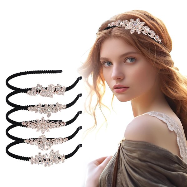 ALXBSONE Women Hairbands, 5 Pack Crystal Headbands, Fashion Rhinestone Metal Hair Clip, Hair Accessories Embellished Hair Wrap Velvet Non-slip(Set01)