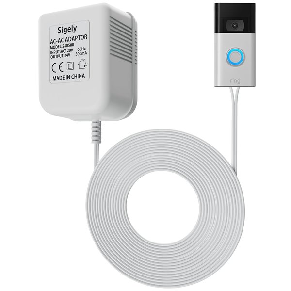 SigeIy Doorbell Transformer 24V 500MA Doorbell Power Adapter AC110-120V to AC24V, Compatible with Ring, Nest, Eufy, Wyze, Arlo Visual Doorbell (with 32.8ft Cable White)