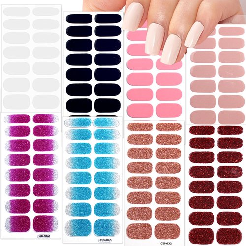 8 Sheets NEWSPIED Gel Nail Strips Stickers Self Adhesive Multicolored Gel Nail Stickers Full Nail Wraps Gradient Glitter Solid Color Nail Polish Strips for Women Manicure Tips Accessories