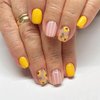 Press on Nails Short Square Fake Nails Sunflowers Glue on Nails Yellow & Light Pink Full Cover Acrylic Nails White Lines False Nails Glossy & Spring Stick on Nails for Women 24Pcs