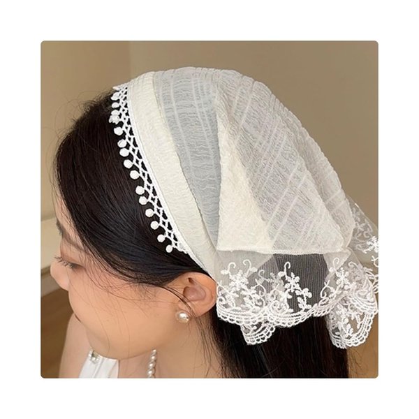 Guqqeuc Lace Hair Bandana Headband for Women French Pastoral Hair Scarf Head Cover for Teen Girls Triangle Hair Kerchief for Long Hair Scarves White Head Scarf Cover for Women