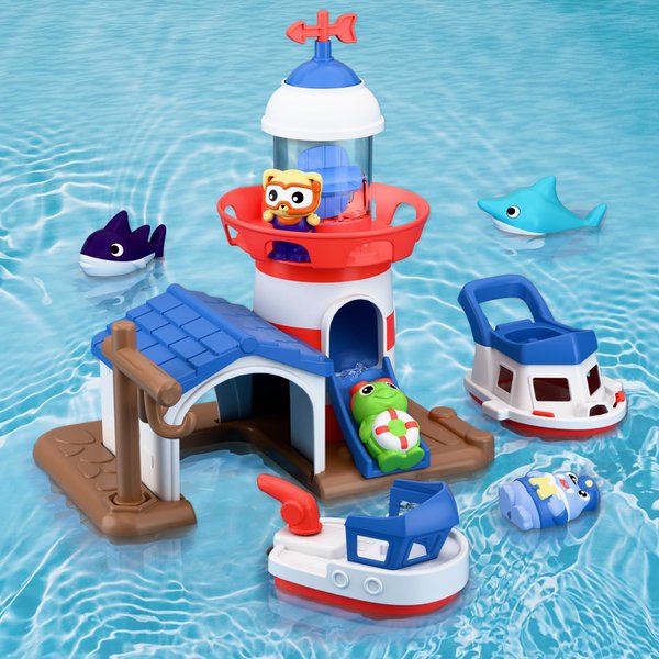 iPlay, iLearn Toddler Lighthouse Bath Toys, Baby Bathtub Shower Toy Set W/ Wind up Swimming Boat, Floating Fish, Kids Bathtime Water Play, Birthday Gift Stocking for 18 Month, 2 3 4 Year Old Boy Girl