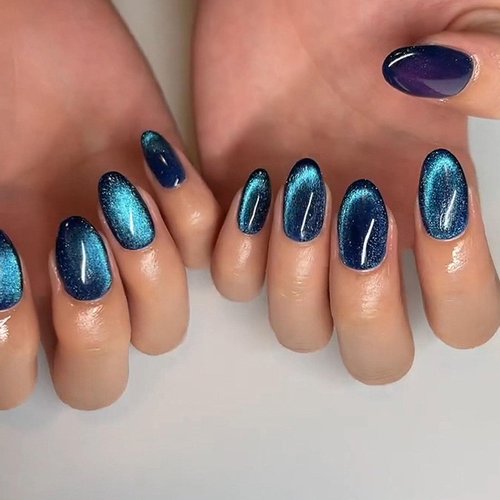 24 Pcs Cat Eye Press on Nails Short Oval Fake Nails Artificia Acrylic Nails Press ons Dark Blue Full Cover Glue on Nails Glossy Stick on Nails for Women & Girls