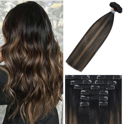 WindTouch Clip in Hair Extensions Real Human Hair 14inch 120g 7Pcs #1BT6P1B Ombre Natural Black to Chestnut Brown Balayage Hair Extensions Clip ins for Women, Human Hair Extensions