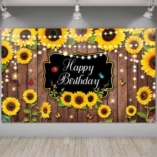 Sunflower Happy Birthday Party Decorations Rustic Wood Photography Butterfly Sunflower backdrop Banner Background for Indoor Outdoor Birthday Party Baby Shower Decor Supplies
