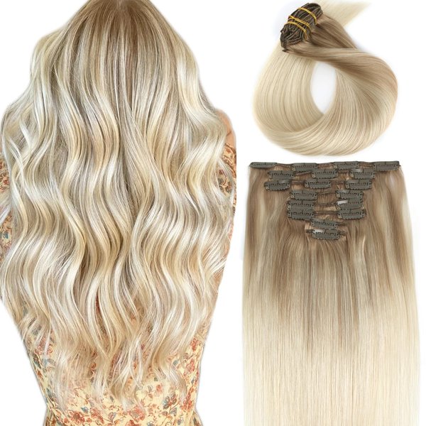 ABH AMAZINGBEAUTY HAIR Clip in Hair Extensions Balayage Ash Brown Fading into Platinum Blonde Hair Extension Clips 8pcs/120g B8-60 18 Inch Double Weft Clip on Hair Extensions Thick Straight Hair Clips