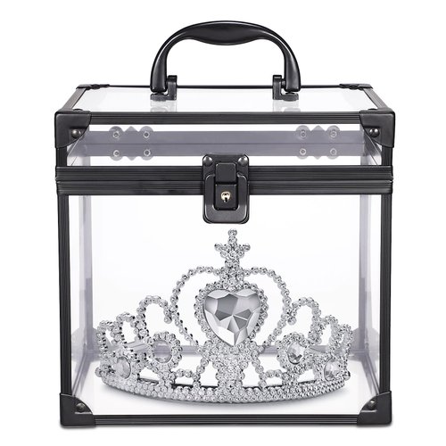 Noverlife Portable Cosmetics & Toiletry Organizer Box, 8x7x7.5inch Clear Crown Box Train Case with Latches & Handle Travel Makeup Tools Storage Organizer, Makeup Tools Box Bathroom Accessories Case