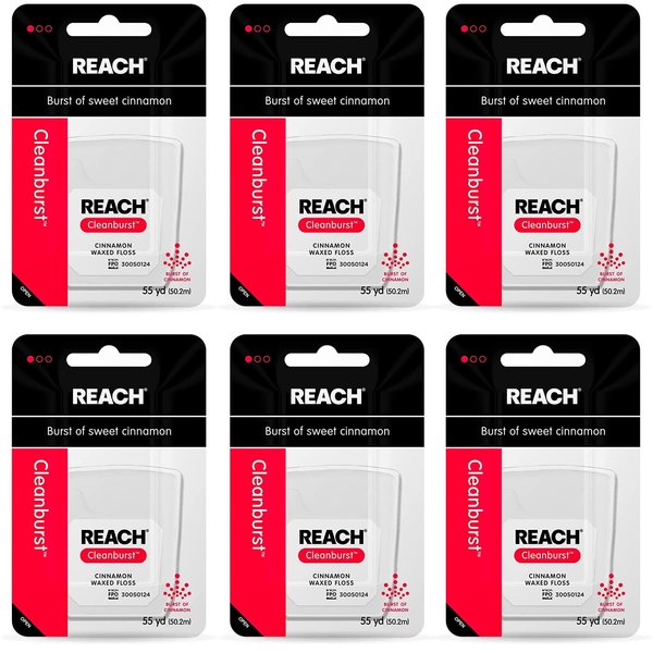 REACH Waxed Dental Floss 6 Pack Bundle, Cinnamon, Plaque Remover, Shred Resistant, Extra Wide Cleaning, Gentle on Gums & Teeth, PFAS-Free, Oral Care, for Adults & Kids, 55yd