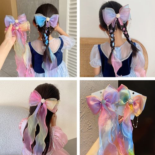Ulfanit 2pcs Mermaid Unicorn Colored Hair Bow Clip for Girls, Iridescent Princess Hair Clip Hair Pin with Ribbon Tassels, Long Tail Pink Purple Hairpin Girls Cosplay Birthday Hair Accessories