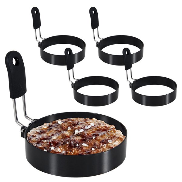 LXLOVESM 5 packs 4'' Egg Rings Set with Silicone Handle, Stainless Steel Egg Cooking Rings，Nonstick，For Frying Eggs and Egg Mcmuffins, Egg Mold For Breakfast