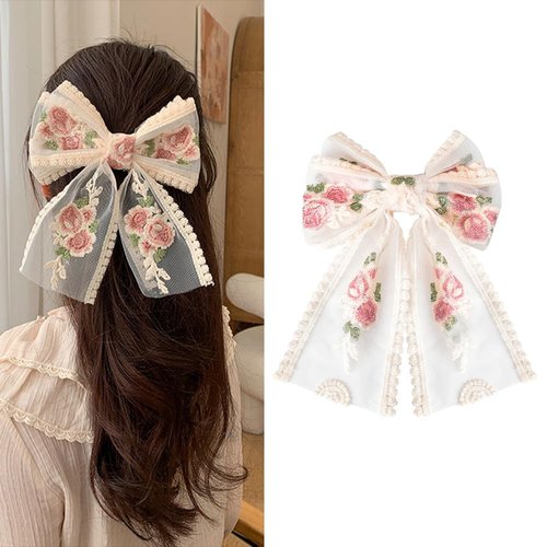 Bowknot Hair Clip Lace Hair Bows for Women Girls Big Bow Hair Clips Embroidery Hair Bow French Barrette Hair Bows Lace Ribbon Hair Clip Bow Hair Accessories for Women Embroidery Flower Lace Hair Clips