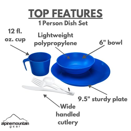 1-Person Camping Dish Table Set, Washable/Reusable Polypropylene Dinnerware Set for Camping and Outdoor Dining by Caddis Sports