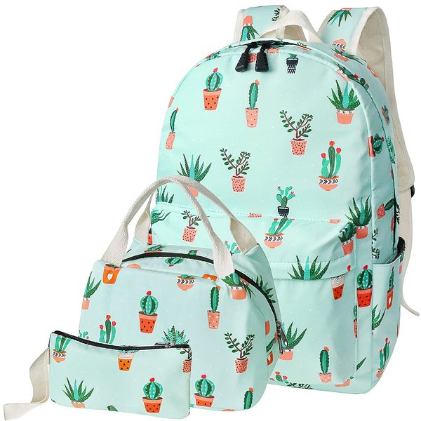 FEWOFJ Kids School Backpacks for Girls, 3 in 1 Set Teen Bookbag Lunch Bag Pencil Case (Cactus Green)