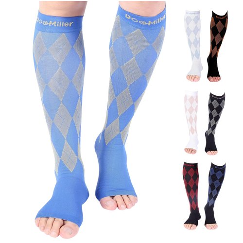 Doc Miller Open Toe Compression Socks for Men & Women, 20-30mmHg, Toeless Socks, Support Circulation, Shin Splints, Calf Recovery, Medical Grade, Knee High, Argyle Pattern , 1 Pair, Small