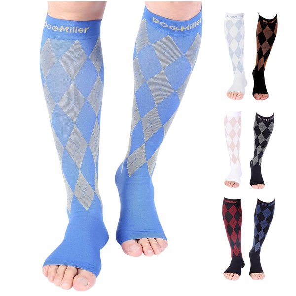 Doc Miller Open Toe Compression Socks for Men & Women, 20-30mmHg, Toeless Socks, Support Circulation, Shin Splints, Calf Recovery, Medical Grade, Knee High, Argyle Pattern , 1 Pair, Small