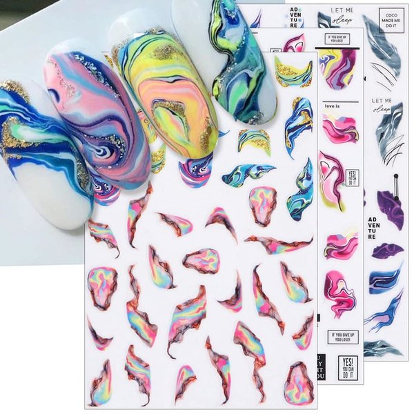 Dornail 6 Sheets 3D Aurora Marble Nail Stickers Colurful Blooming Nail Decals Rainbow Wave Lines Nail Art Stickers Nail Accessories Self-adhesive Stickers for Nails Women DIY Nail Supplies