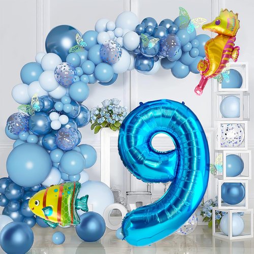 40 Inch Under the Sea Blue Number 9 Balloon, Mini Sea Animal Balloons Ocean Animal Foil Balloon, Seahorse Fish Balloons for Boys Girls Sea Theme 9th Birthday Baby Shower Party Decoration