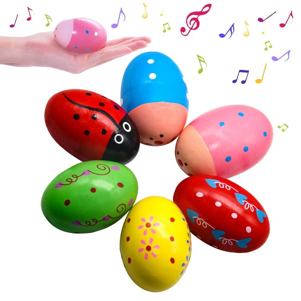 Ehome Easter Egg Shakers Easter Basket Stuffers, 6Pcs Wooden Percussion Musical Shake Prefilled Easter Eggs for Toddler, Egg Fillers, Montessori Maracas for Kids Baby with Storage Bag