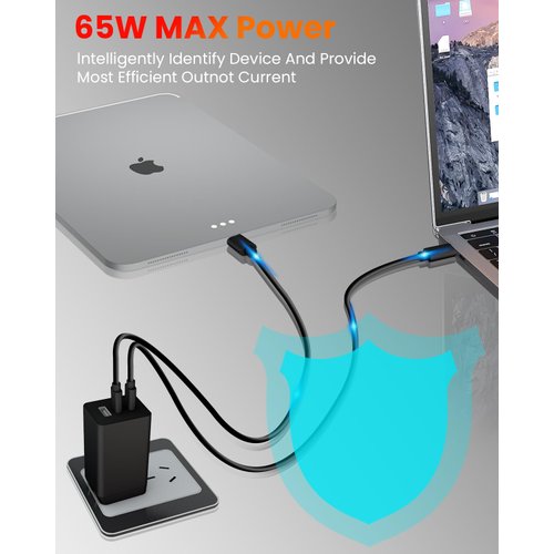 65W USB C Charger, PD3.0 GaN USB C Foldable Charger for Travel, 3 Ports USB Wall Charger,Fast Charger USB C for iPhone 15 Pro Max, MacBook Pro, Dell XPS, iPad Pro, Galaxy S24 Ultra and More