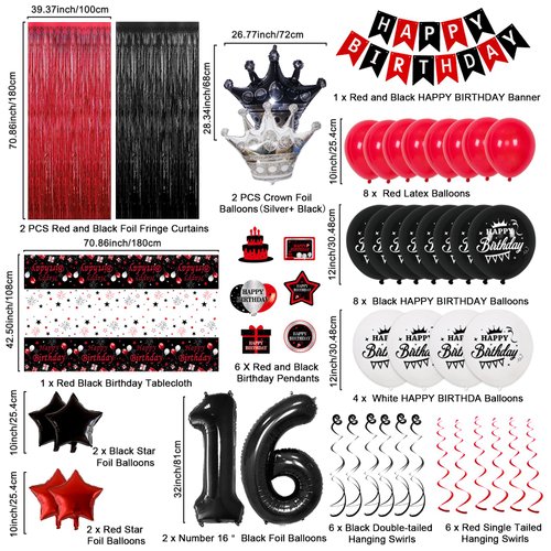 16th Birthday Decorations for Boys and Girls Red Black, Sweet 16 Party Decorations-Happy 16th Birthday Banner Number 16 Balloon Foil Crown Balloon Hanging Swirls Fringe Curtains Tablecloth