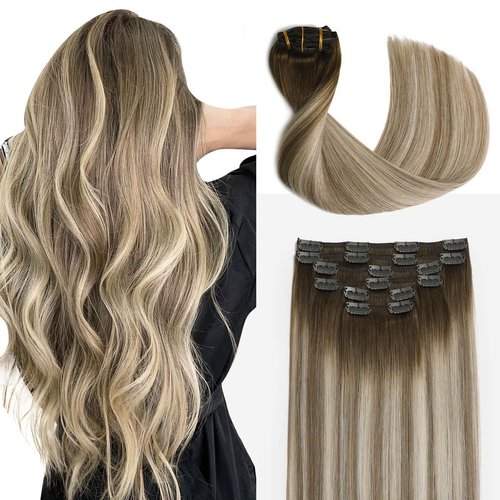 Sindra Clip on Extensions Human Hiar Clip in Extensions 22Inch Balayage Dark Brown Ombre Light Brown Blonde Real Human Hair Extensions Clip ins Remy For Women Straight 120g 6pcs (clip#3/8/22 22inch)