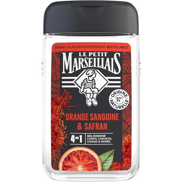 Le Petit Marseillais - Men's Shower Gel Blood Orange and Saffron (250 ml bottle) - 4 in 1 formula for body, hair, face & beard - 92% ingredients of natural origin and neutral pH