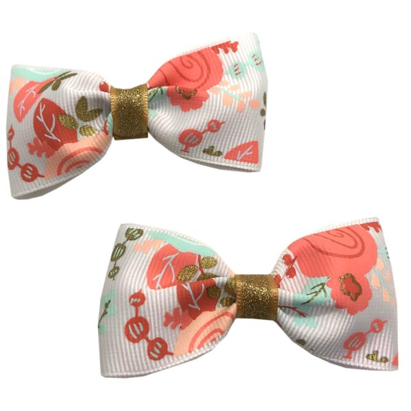 Handmade Coral and Gold Floral Girls Hair Bow Set, Little Girl Bows, Pigtail Hair Bows, Toddler Hair Bows,