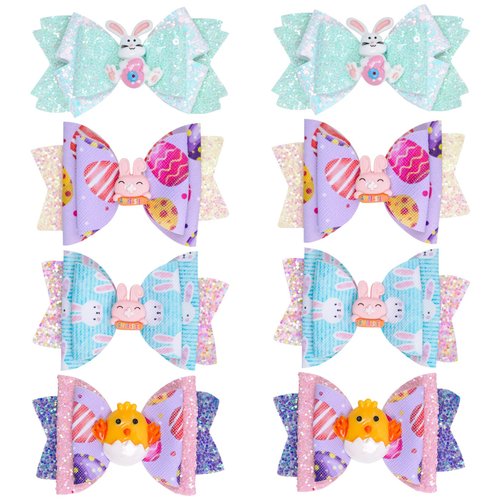 Haakong 8pcs Easter Bows Clips Easter Bows Easter Glitter Bunny Hairpin Party Favor Rabbit Headwear Party Supplies Egg Hair Accessories for Girls in Easter Party Holiday