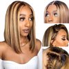 Highlight Ombre Bob Wig Human Hair Honey Blonde P4/27 Human Hair Bob Straight Wigs Pre Plucked 13x4 Lace Front Bob Wigs with Natural Hairline for Women 180% Density 14 Inches