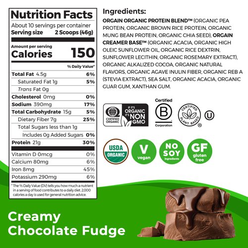 Orgain Organic Vegan Protein Powder, Creamy Chocolate Fudge - 21g Plant Protein, 7g Prebiotic Fiber, Low Net Carb, No Lactose Ingredients, No Added Sugar, Non-GMO, For Shakes & Smoothies, 1.02 lb
