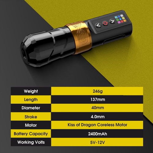 Wireless Tattoo Machine Pen Rotary Cartridge Tattoo Gun with 2400mAh Battery Power Coreless Motor Tattoo Equipment Supply for Professionals and Beginners Tattoo Artists, Gold
