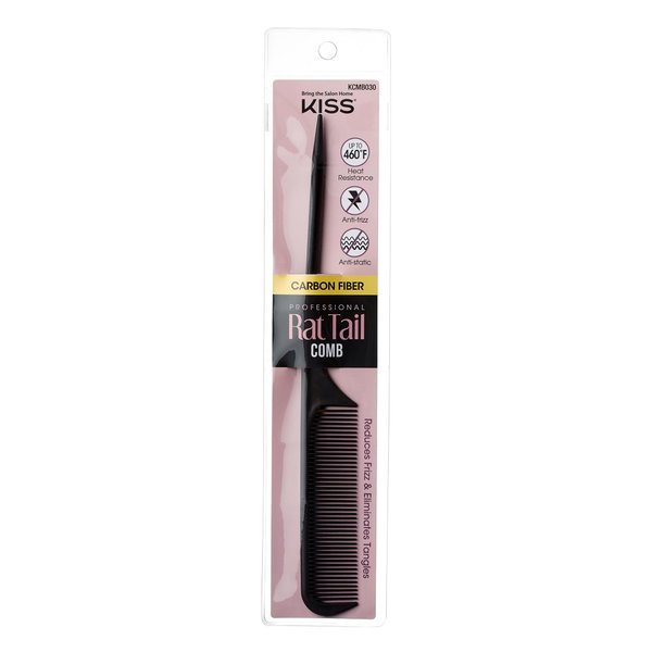 KISS Colors & Care Carbon Fiber Rat Tail Comb For Hair Sectioning, Teasing, Style Prepping, Detangling, Grooming - Anti Static & Heat Resistant, Professional Quality Black