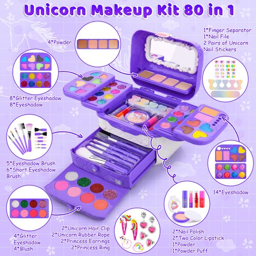 80 in 1 Kids Makeup Kit for Girls, Washable Kids Makeup Sets Girls Toys, Pretend Play Makeup Set Toy for Dress Up with Makeup Case Christmas & Birthday Gifts for Girls Age 3-12 Kids Toddlers, Purple