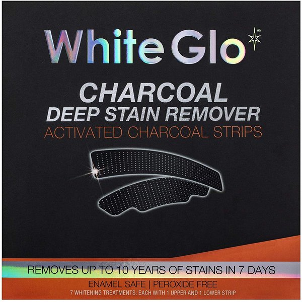 White Glo Charcoal Deep Stain Remover Activated Charcoal Strips, Remove 10 Years of Stains in 7 Days, Long Lasting Results, Comfortable Use with Non-Slip Strips, Perfect for Sensitive Teeth - 7 Uses