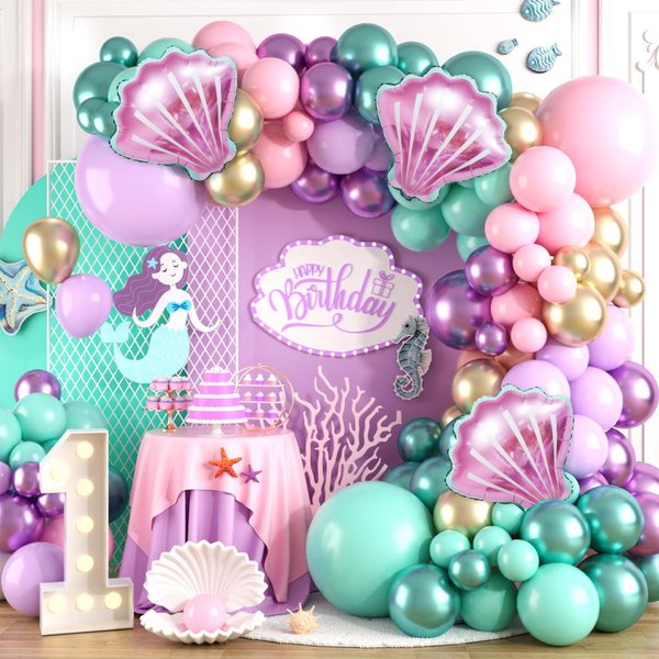 Mermaid Balloon Arch Kit, Mermaid Balloon Garland Kit Pastel Pink Purple Green Metallic Latex Balloons Party Balloons for Girls Birthday Baby Shower Under The Sea Theme Party Supplies
