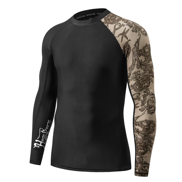 HUGE SPORTS Men's Splice UV Sun Protection UPF 50+ Skins Rash Guard Long Sleeves(Sea Forest, L)