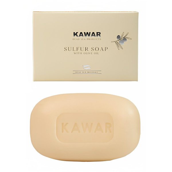 KAWAR Dead Sea Sulfur Soap with Olive Oil, Relief Skin Conditions Such as Acne, Psoriasis, Eczema & Blackheads, for Oily to Normal Skin, Vegan Soap Bar for Men & Women, 4.2 oz